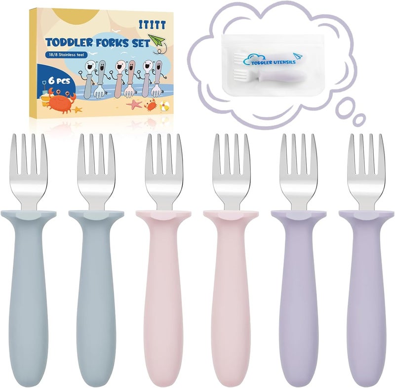 ITITT 6 PCS Toddler Forks Set - Baby Forks with Silicone Handle Children Food Grade 18/8 Stainless Steel Toddler Utensils Set for Self Feeding Kids Silverware Set Safe Anti-Choke Design Dishwasher Safe - Image 1
